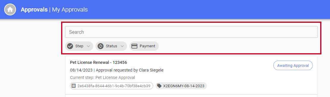 Approval search bar and filter options.