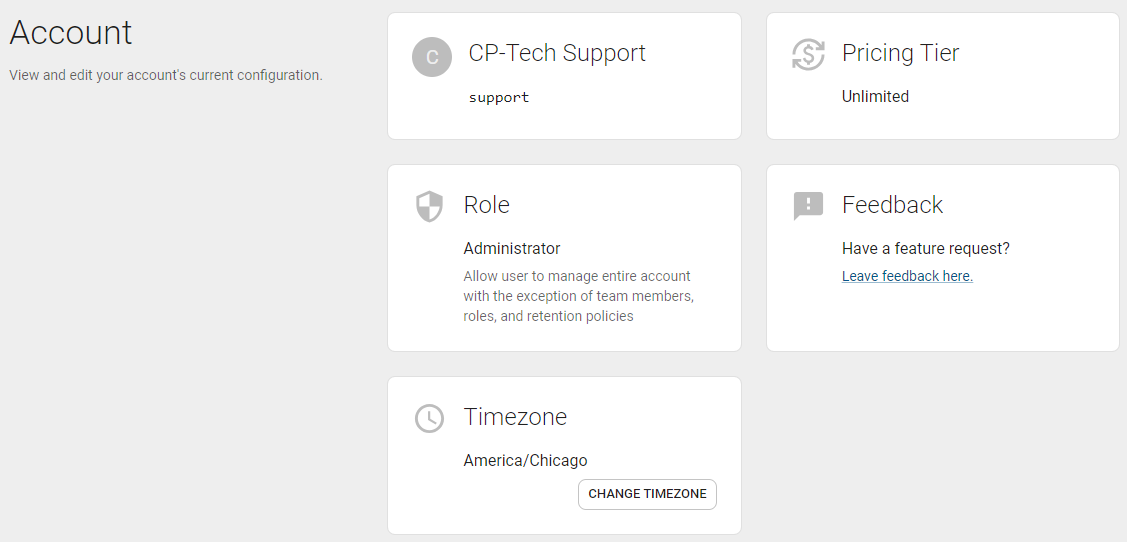 Account section of page.