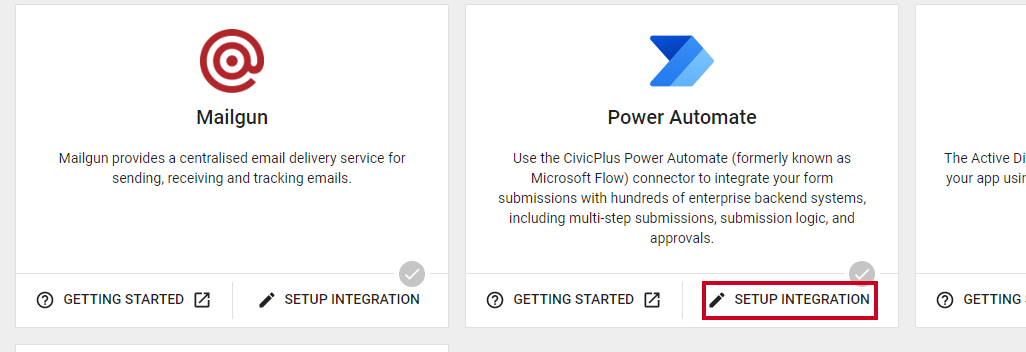 setup integration button on the Power Automate card.