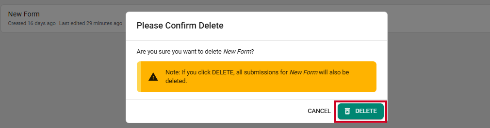 Delete button on pop-up.