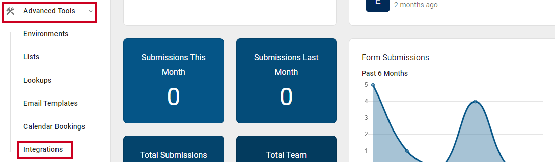 Advanced tools menu in left navigation with integrations selected in the sub-menu.
