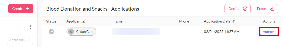 approve applicant button