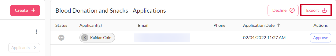 export applications button