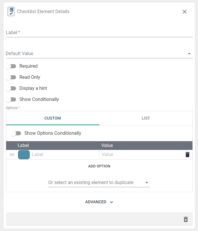 checklist element fields.