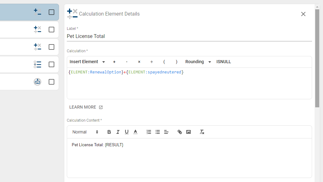 Configure calculation element.