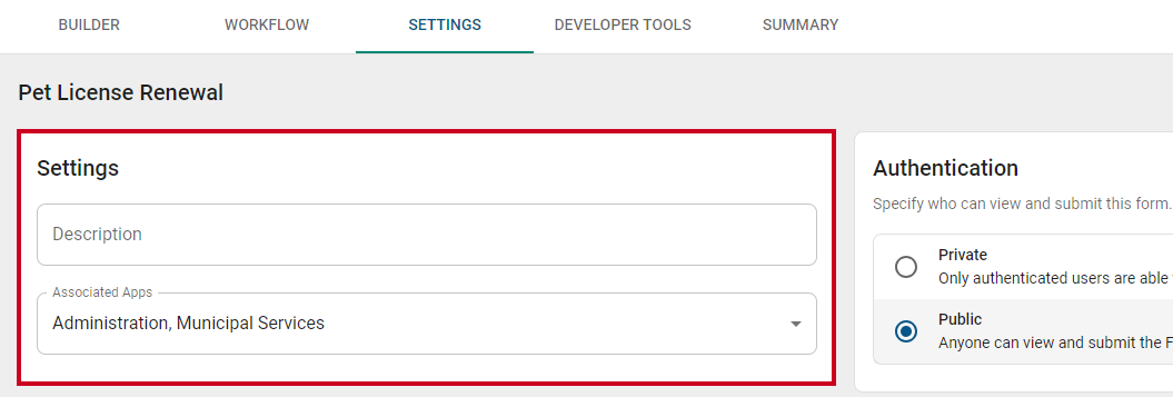 Settings fields on Summary tab.