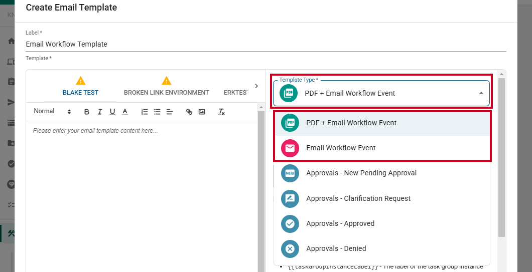 select template option from the drop-down