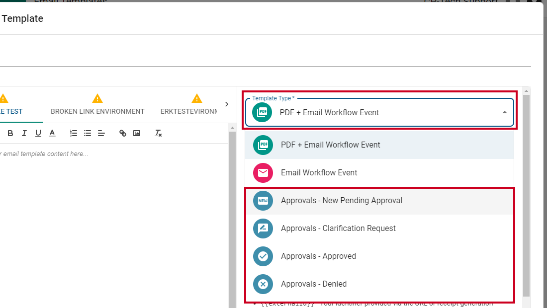 approvals clarification request option in dropdown