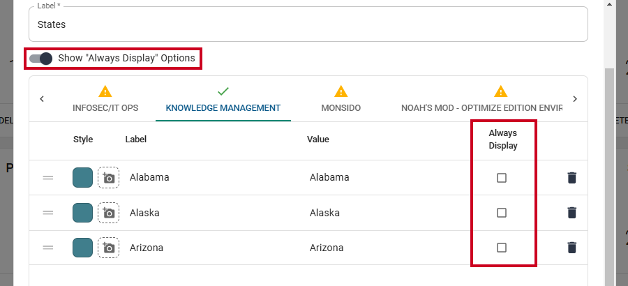always display options toggle and checkboxes.