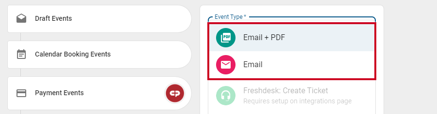 email or email and pdf event type options