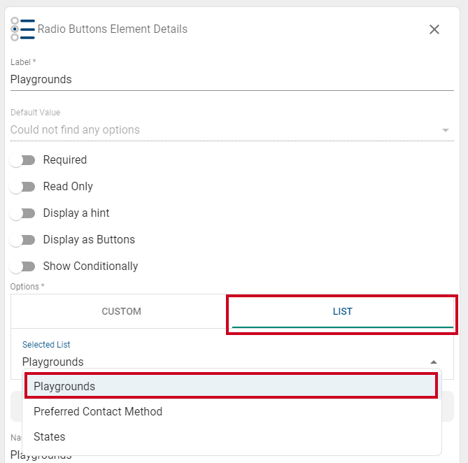 list tab on form element.