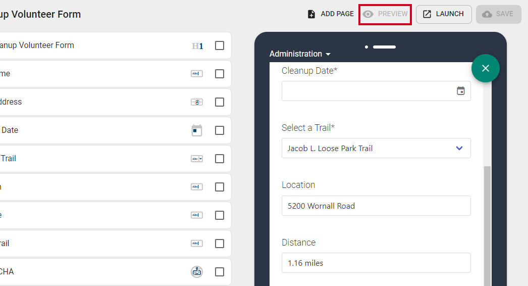 preview button with eye icon.
