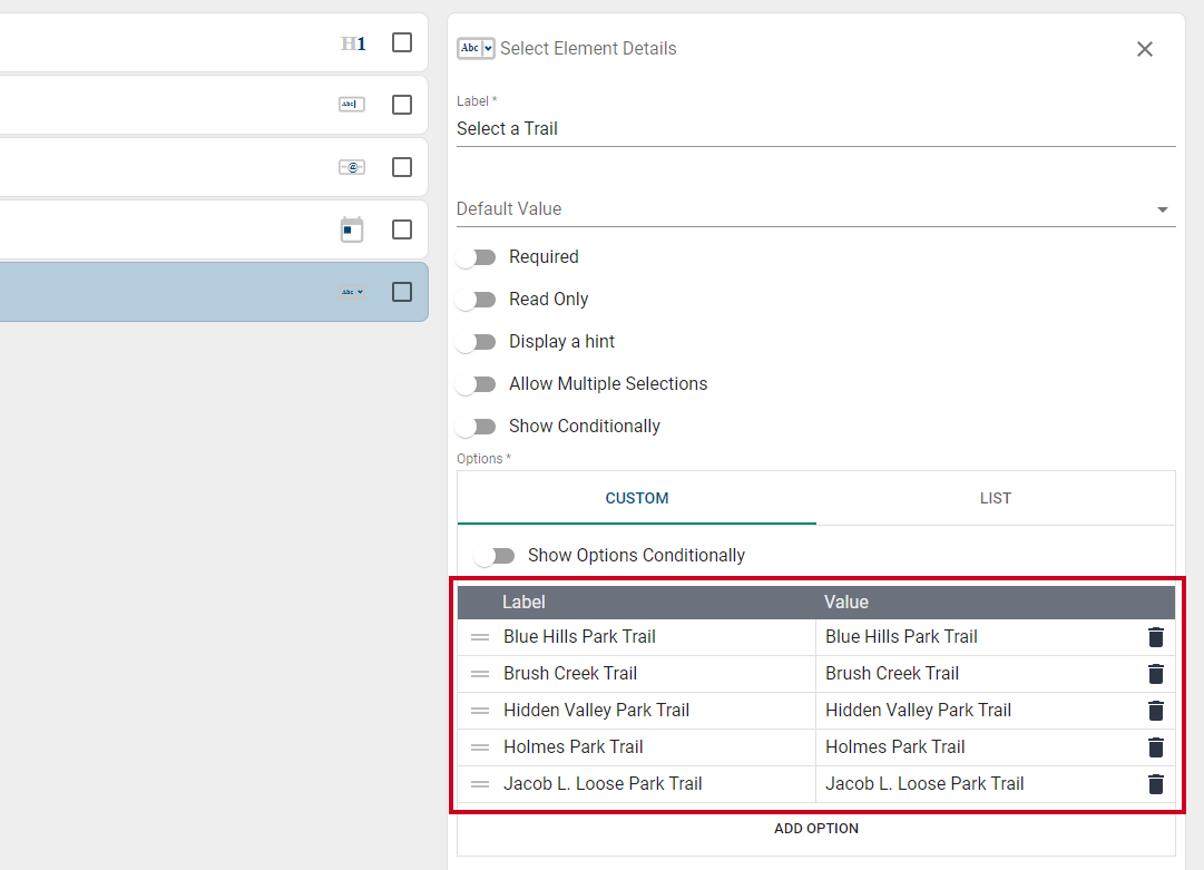 Add custom values to element.