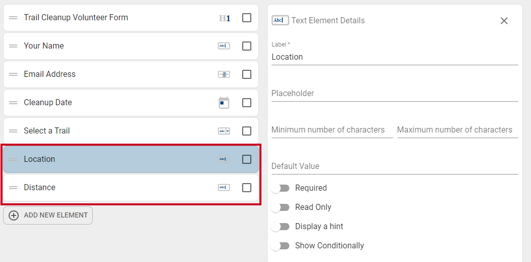 distance and location element examples.