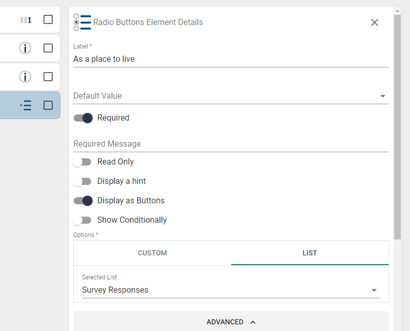 Radio buttons element details.