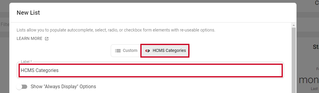 HCMS Categories label.