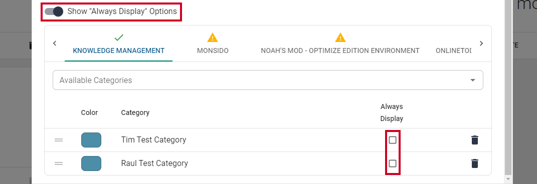 Always Display Options toggle and checkboxes.