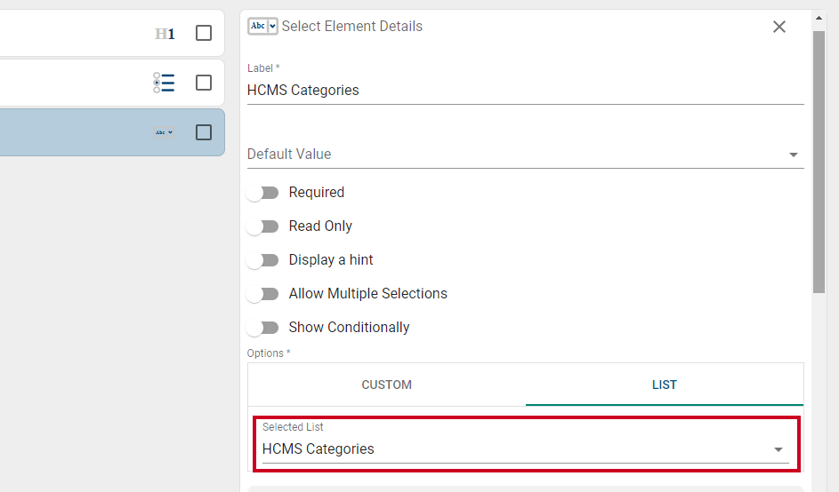 HCMS List selected on element.