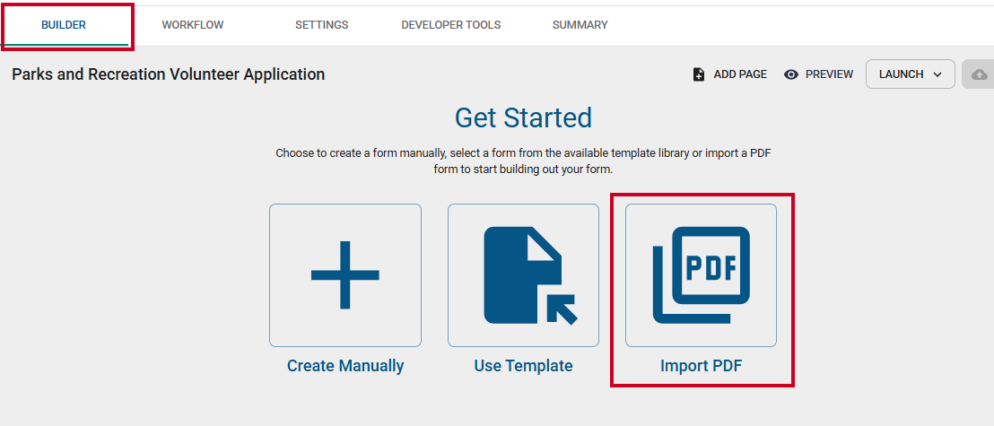 Create From PDF Form button on Builder tab.
