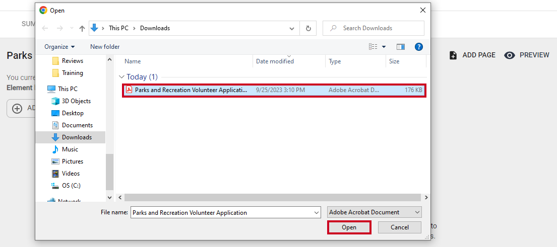 PDF file and Open button selected.