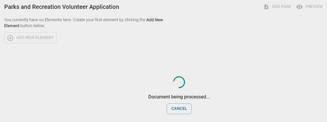 Document being processed message on Builder tab.