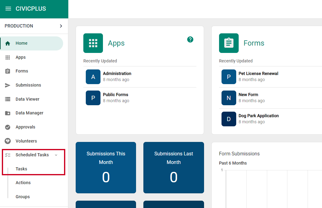 Scheduled Tasks expanded with Tasks selected in the sub-menu.