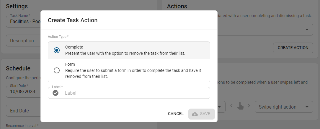 Create Task Action Fields.