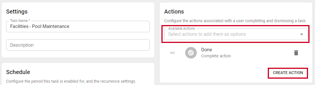 Actions options.