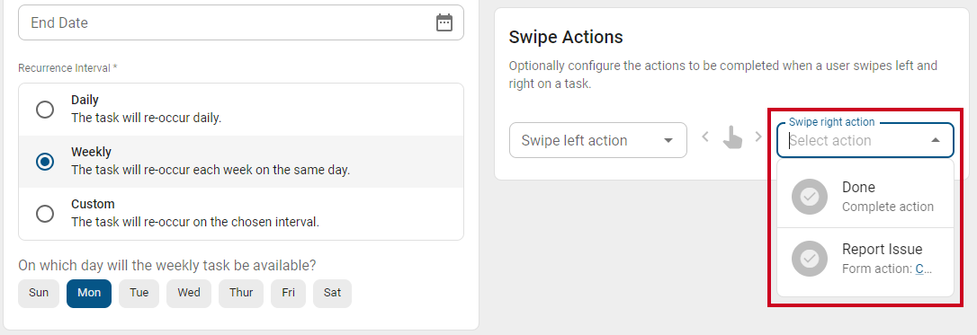 Swipe right action drop-down with a list of available actions.