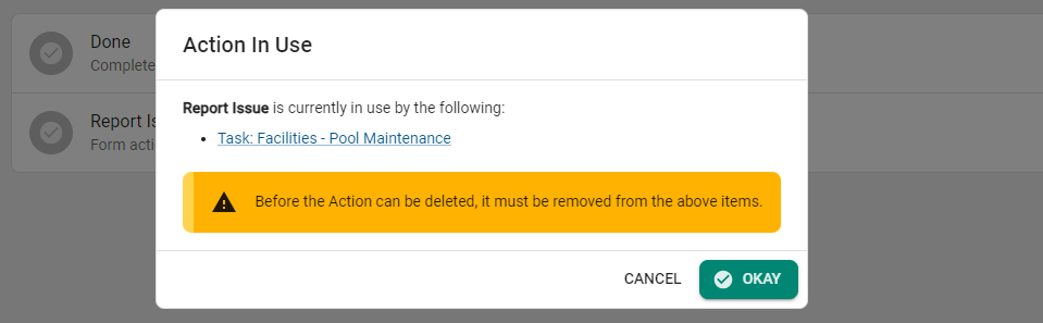 Warning banner that says 'Before the Action can be deleted, it must be removed from the above items'.
