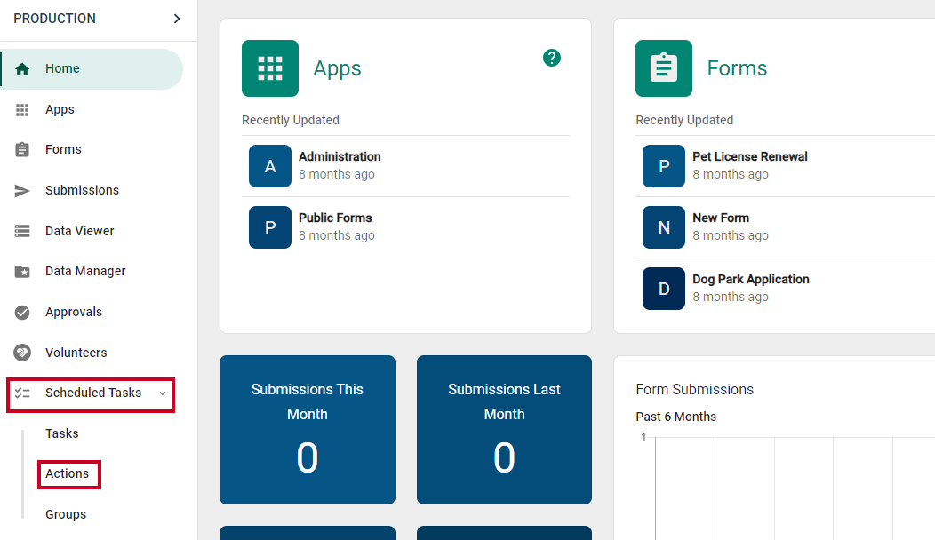 Scheduled Tasks menu expanded with Actions selected in sub-menu.