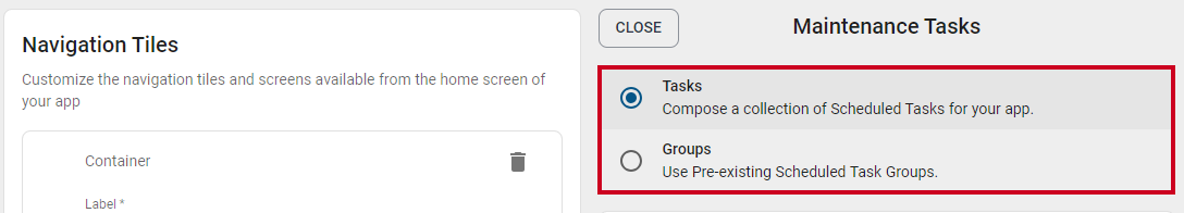 Tasks and Groups radio button options.