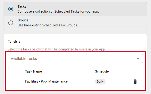 List of available tasks.