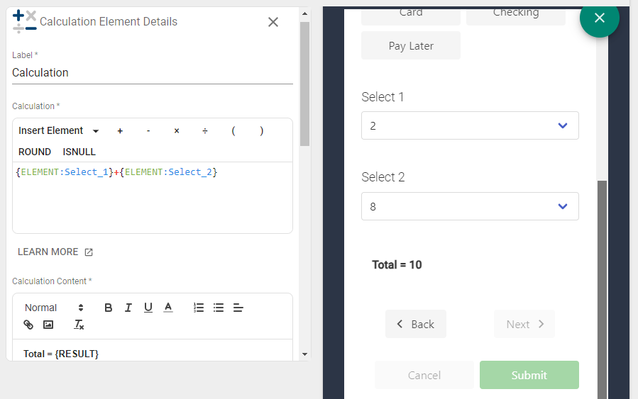 Calculation Select element example.