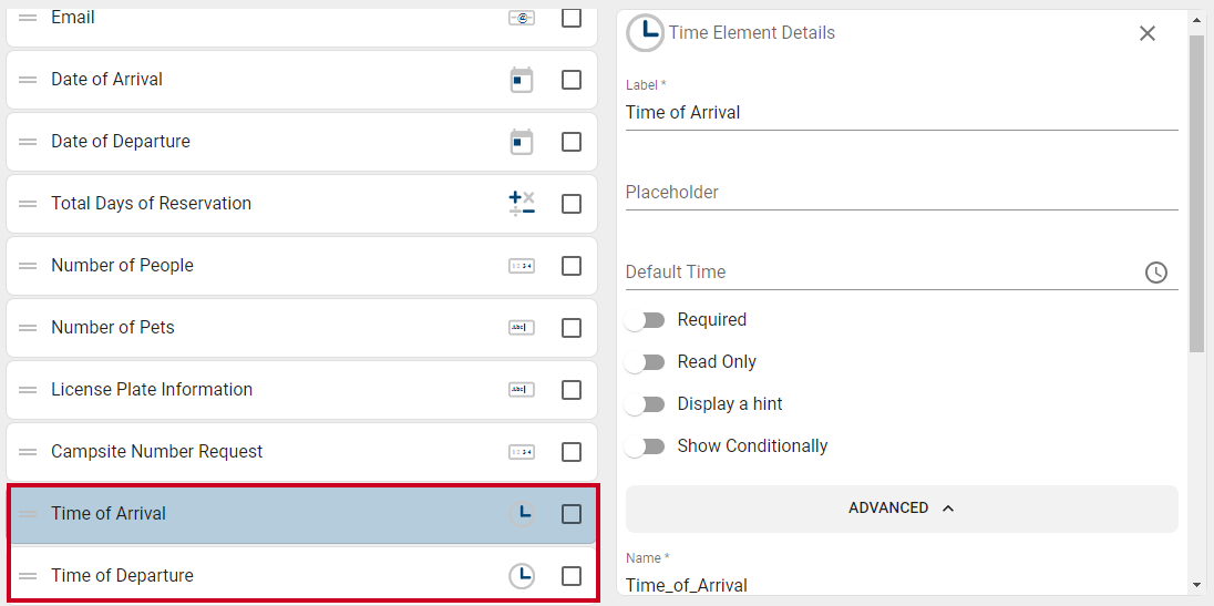 Time Elements on Builder tab.