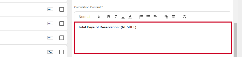 Calculation Content textbox with total days of reservation noted.