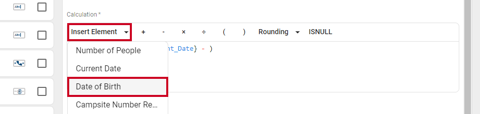 Date of Birth selected in the Insert Element drop-down.