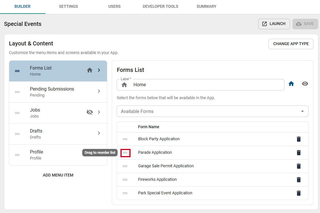 Drag and drop form list.