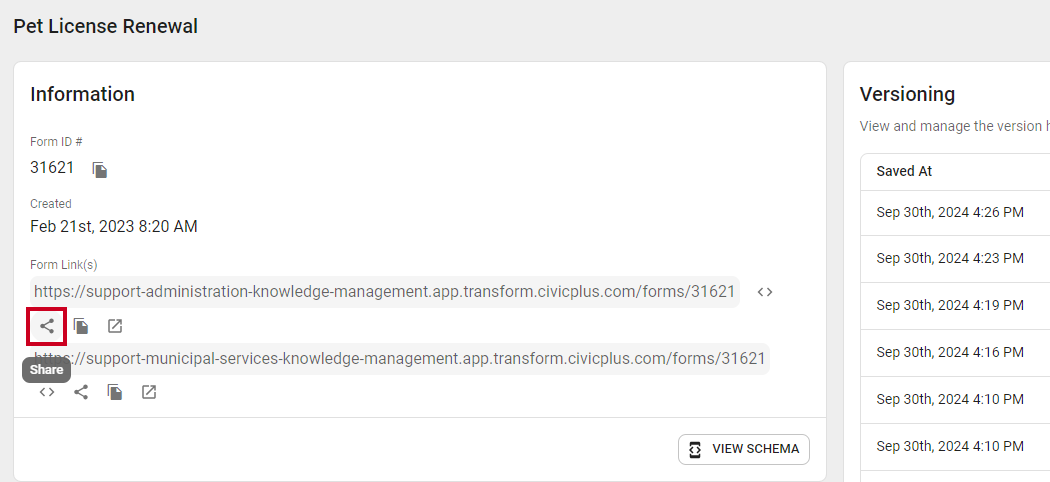 Share icon next to form link.