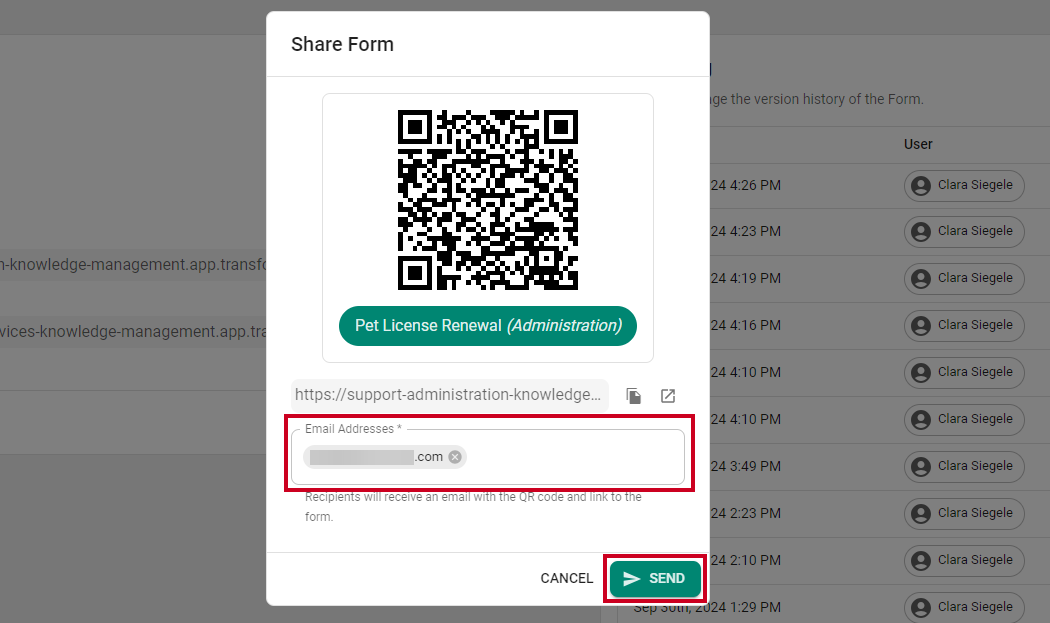 Email addresses fields and send button.