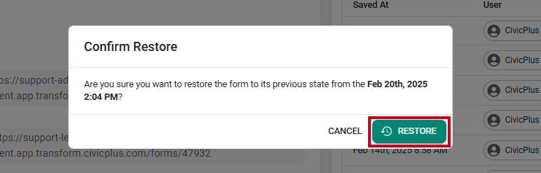 A green, rectangular Restore button in the lower-right corner of the Confirm Restore pop-up.