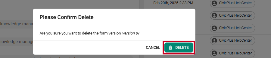A green, rectangular Delete button on the delete confirmation pop-up.