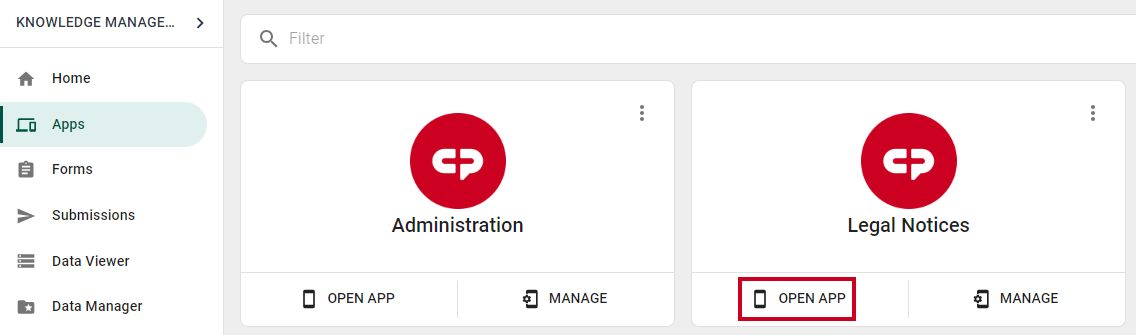 Apps card with Open App selected.