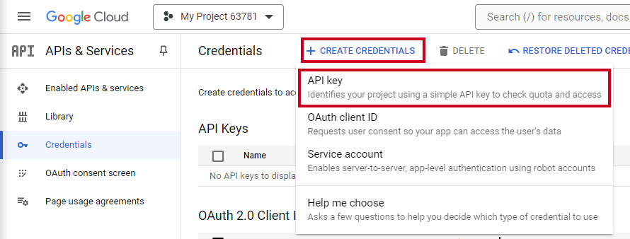 Google Create Credentials.