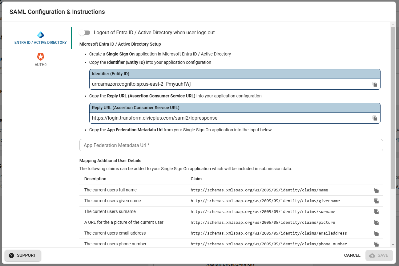 SAML Configuration.