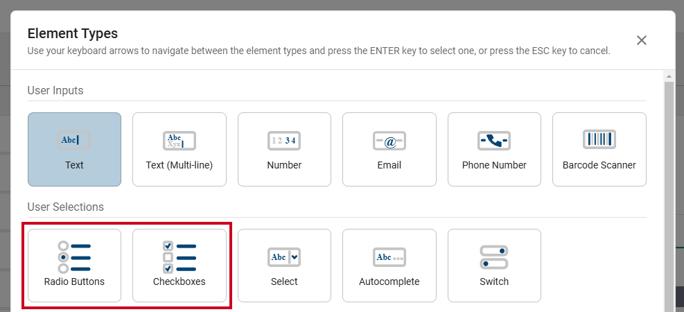 Radio buttons or checkboxes elements.