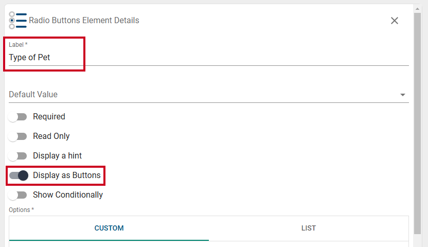 Radio button label and display as buttons.