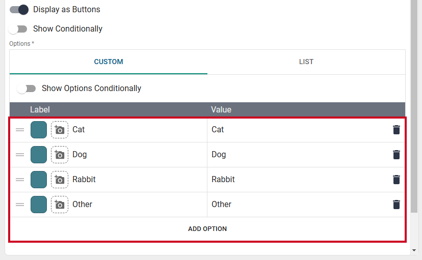 Radio button custom options.