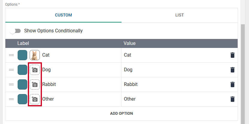 Radio button camera icons for remaining options.