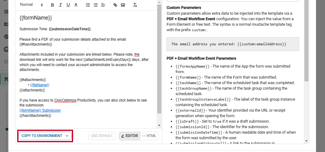 The Copy to Environment button below the content editor box.